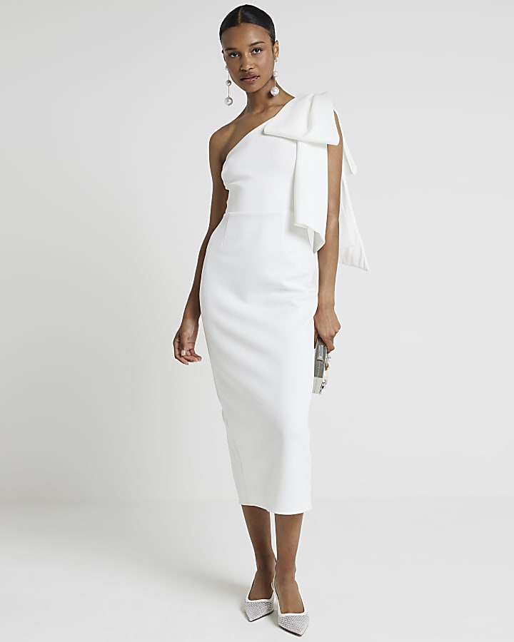 White one shoulder bow bodycon midi dress River Island