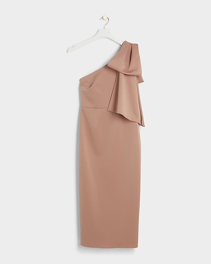 Pink one shoulder bow bodycon midi dress