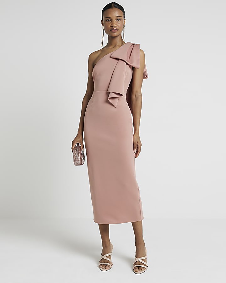 Pink one shoulder bow bodycon midi dress River Island