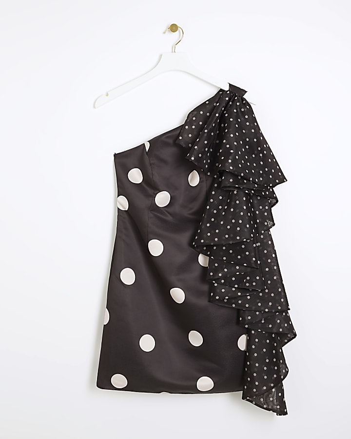 Black spot ruffle bodycon mini dress