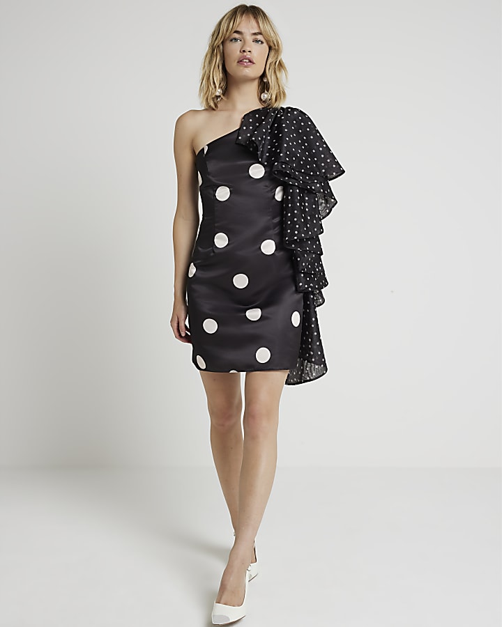 Black spot ruffle bodycon mini dress