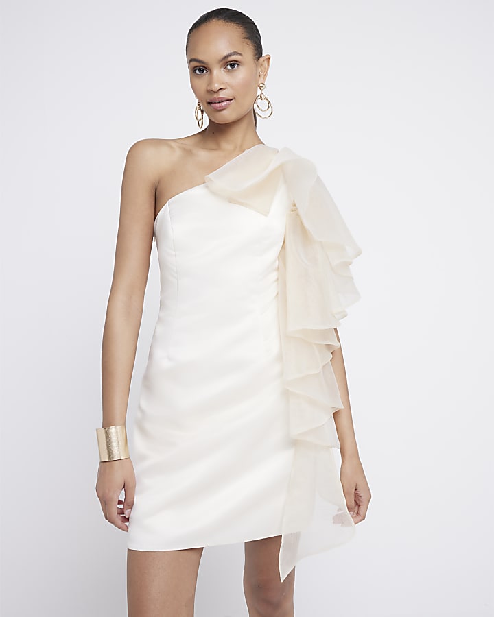 Cream ruffle bodycon mini dress