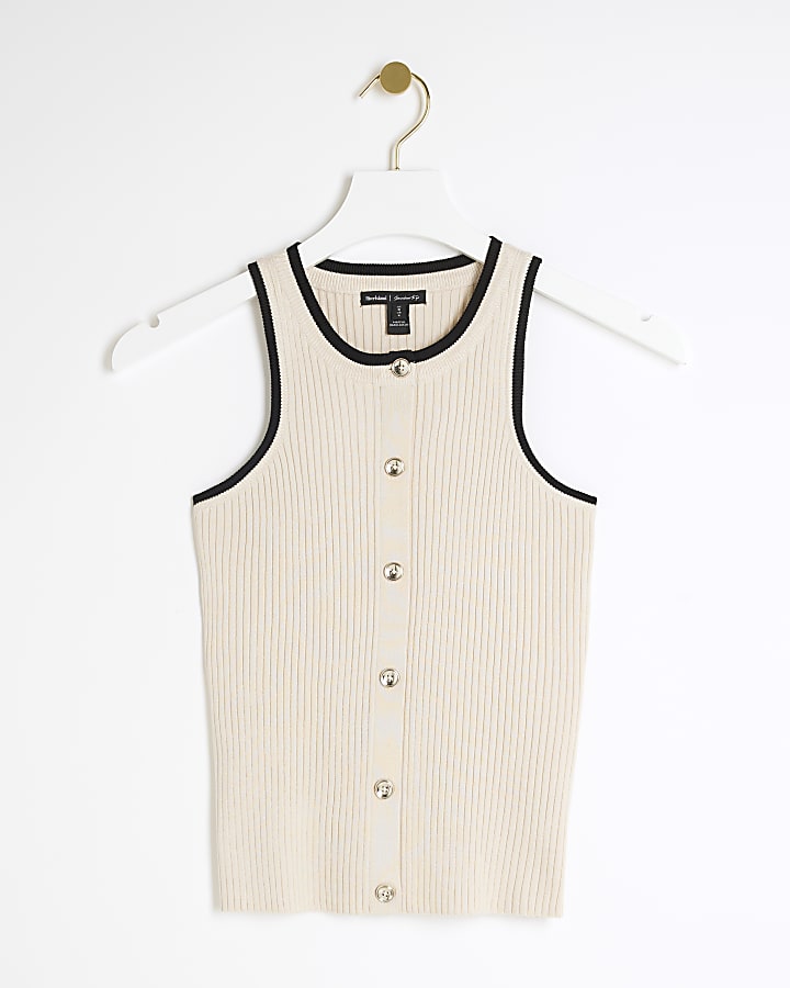 Cream button through ribbed vest top