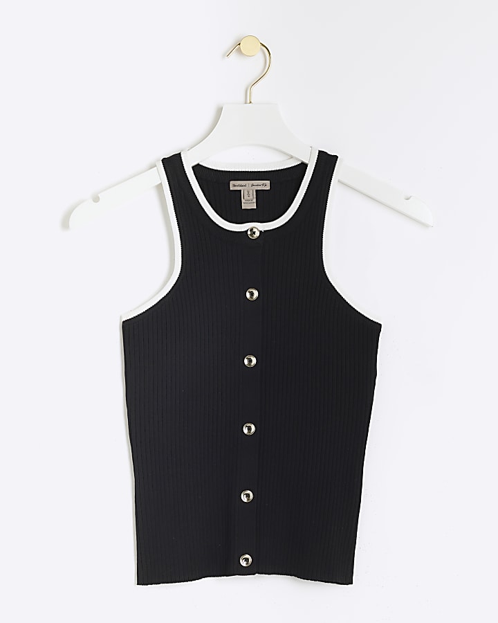 Black button through ribbed vest top