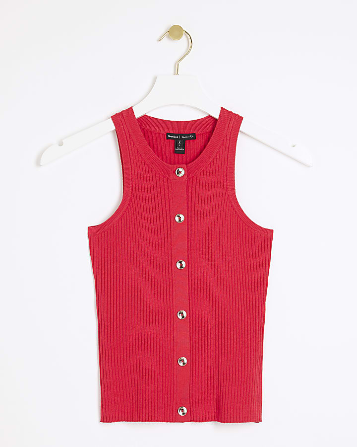 Red button through ribbed vest top