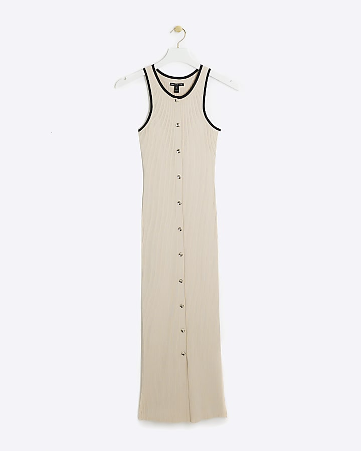 Cream ribbed taped bodycon midi dress