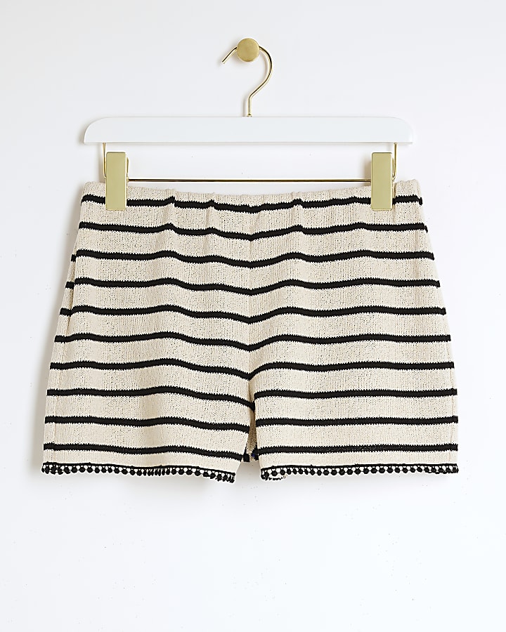 Cream crochet stripe print shorts