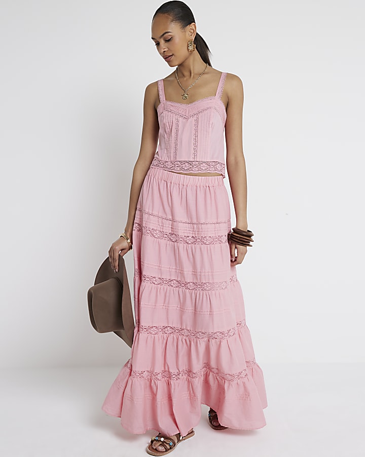 Pink lace detail tiered maxi skirt | River Island