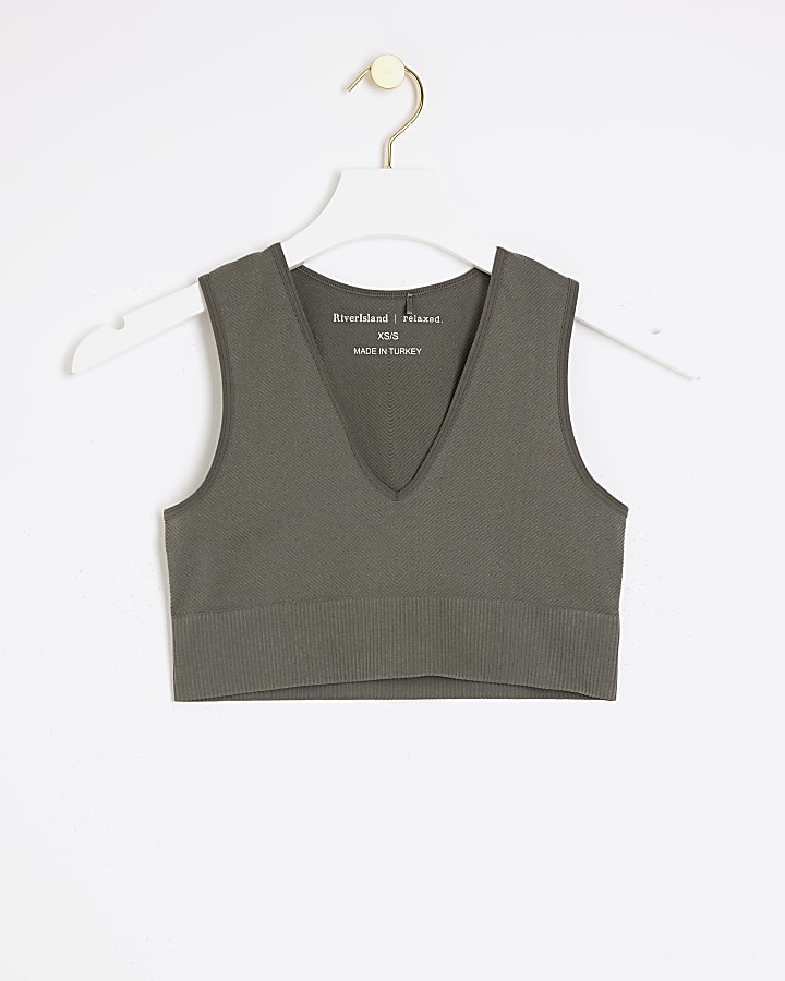 Khaki seamless ribbed crop vest top