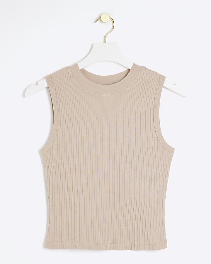 Beige ribbed high neck tank top