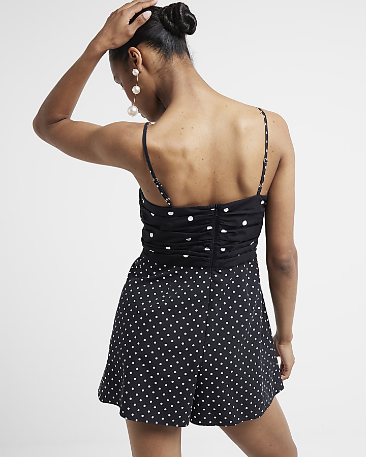 Black spot bow sleeveless playsuit