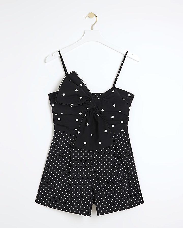 Black spot bow sleeveless playsuit