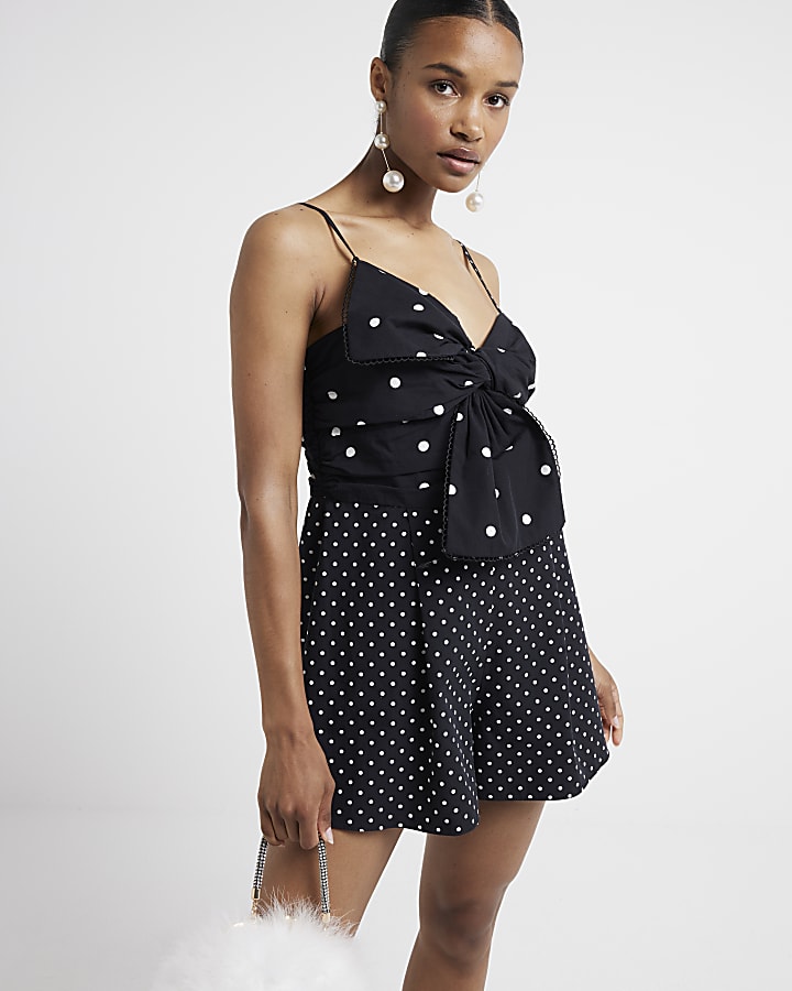 Black spot bow sleeveless playsuit