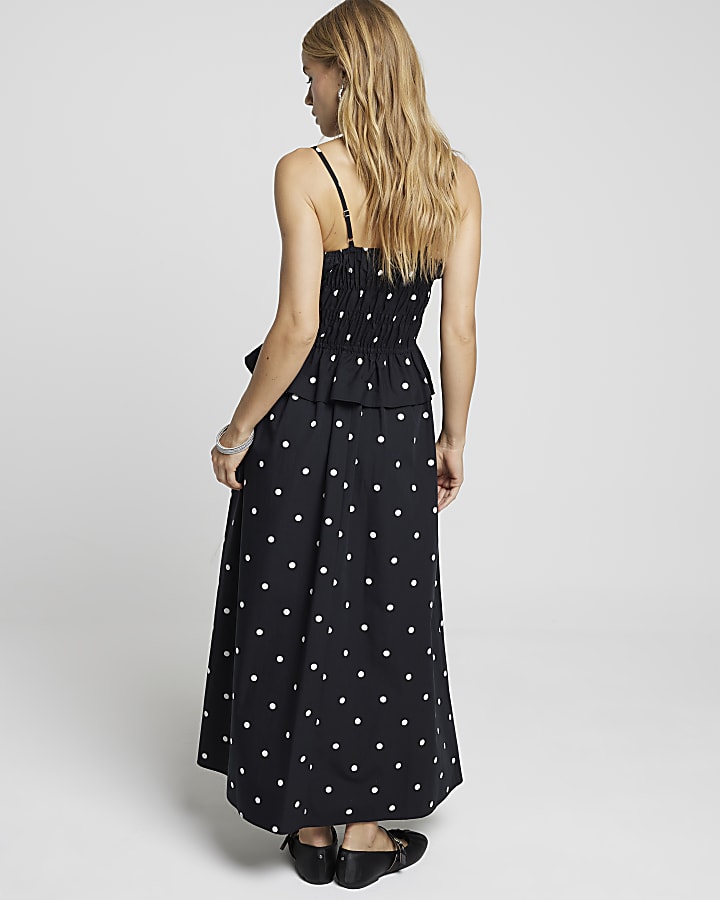 Black Shirred Spot Midi Dress