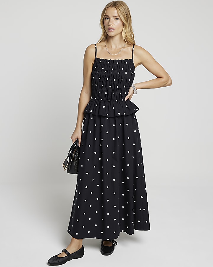 Black Shirred Spot Midi Dress