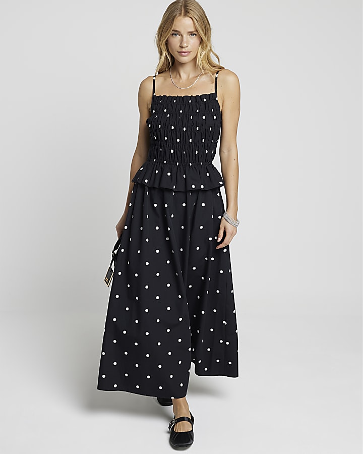 Black Shirred Spot Midi Dress