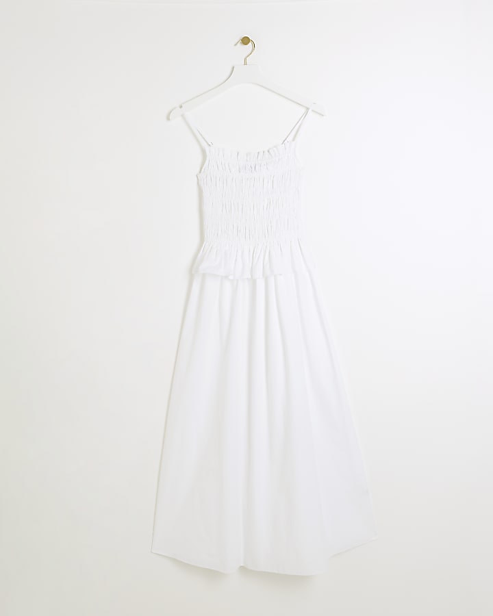 White Shirred Midi Dress