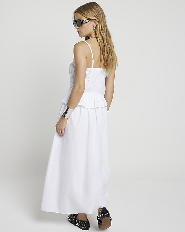 White Shirred Midi Dress