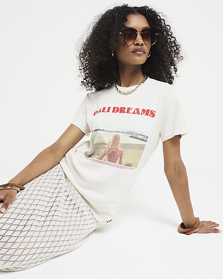 Cream graphic print boyfriend t-shirt