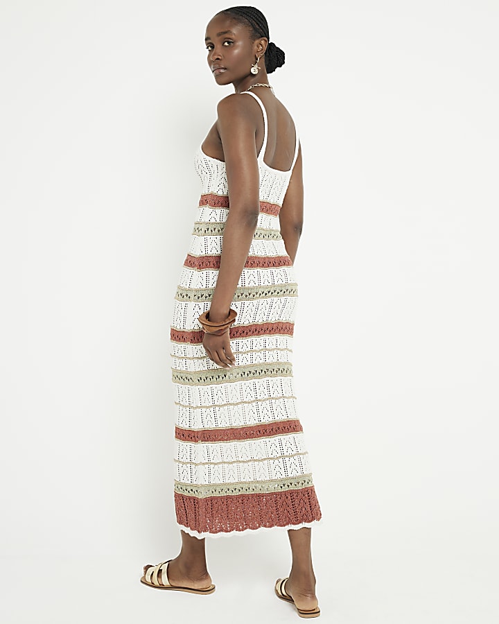 Beige knit metallic crochet maxi dress
