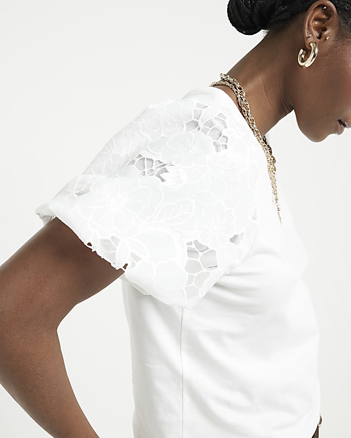 White Floral Puff Sleeve T Shirt River Island