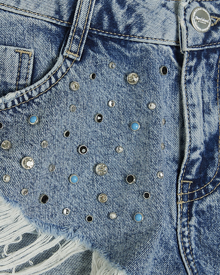 Blue embellished distressed denim shorts