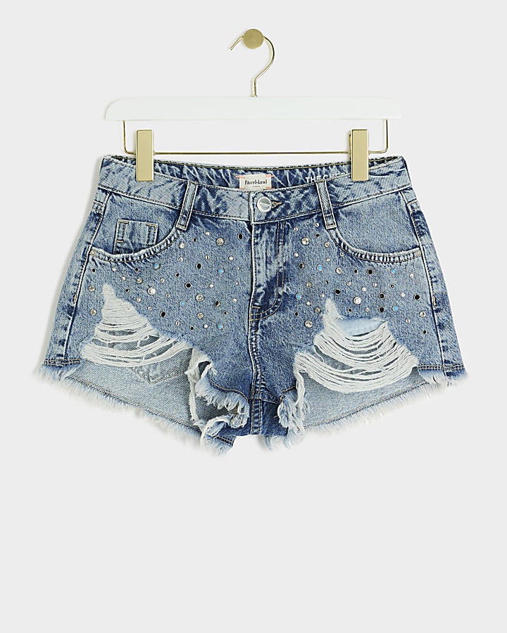 Blue embellished distressed denim shorts