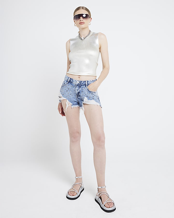 Blue embellished distressed denim shorts River Island