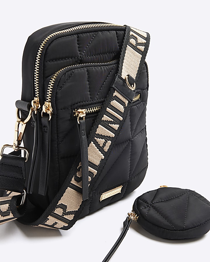 Black quilted zip pocket cross body bag