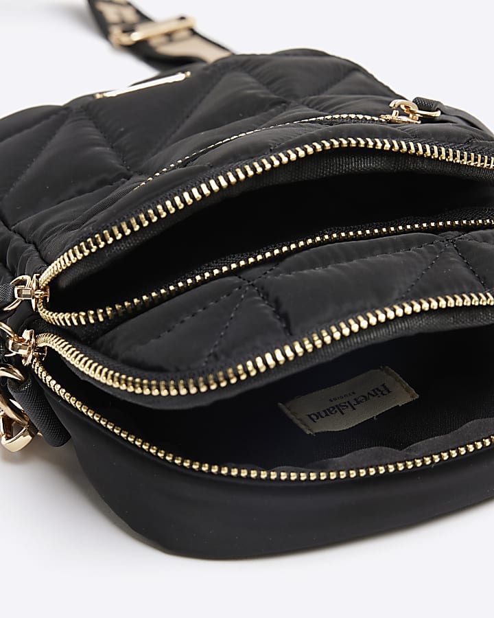 Black quilted zip pocket cross body bag