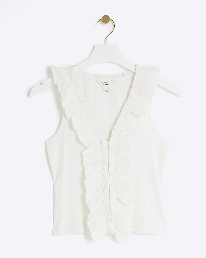 Cream ruffle detail ribbed tank top