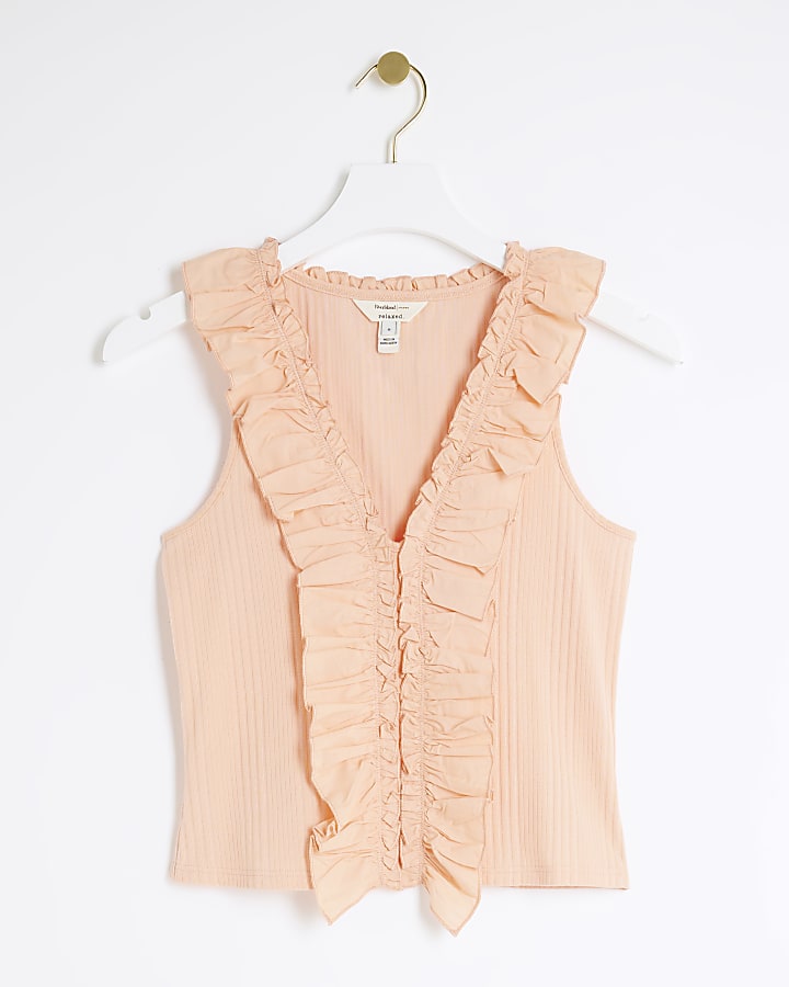 Pink ruffle detail ribbed tank top