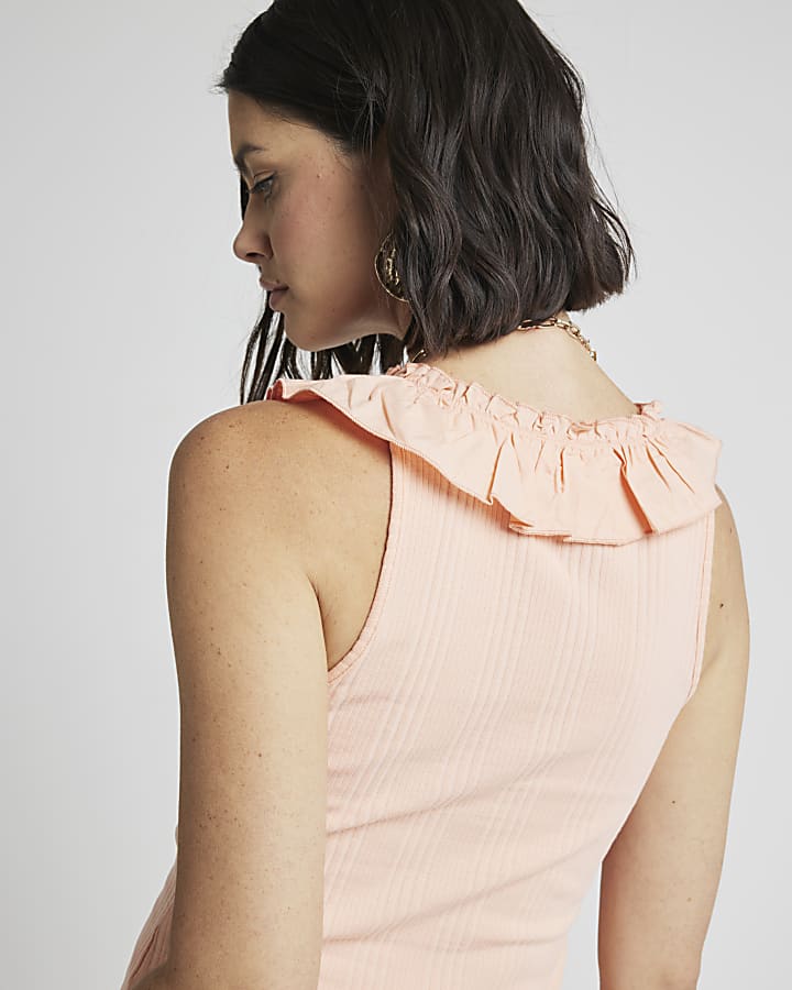 Pink ruffle detail ribbed tank top