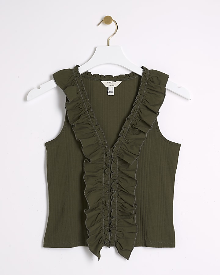 Green ruffle detail ribbed tank top