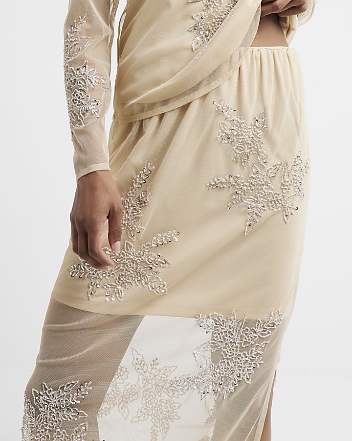 Beige embellished mesh midi skirt