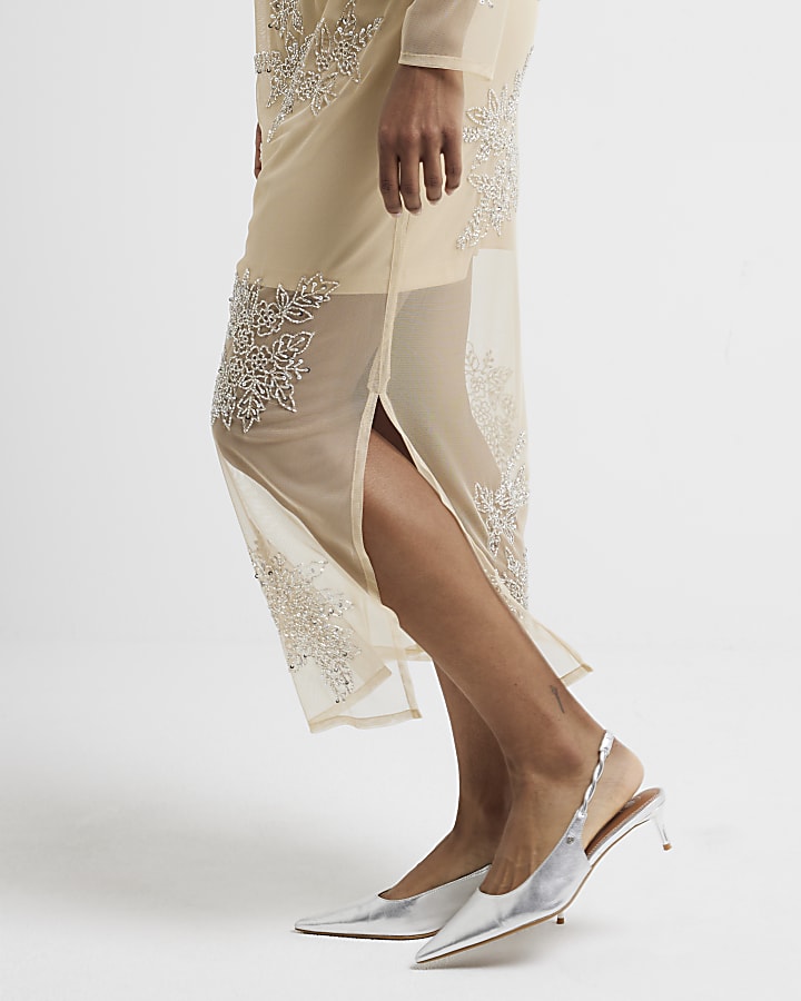 Beige embellished mesh midi skirt