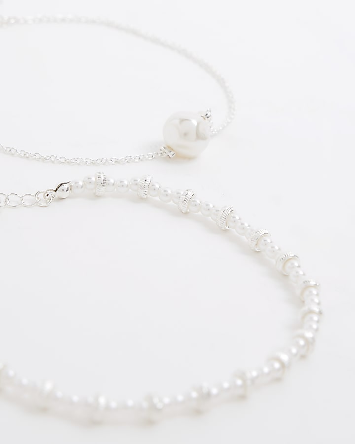 Silver pearl anklet multipack