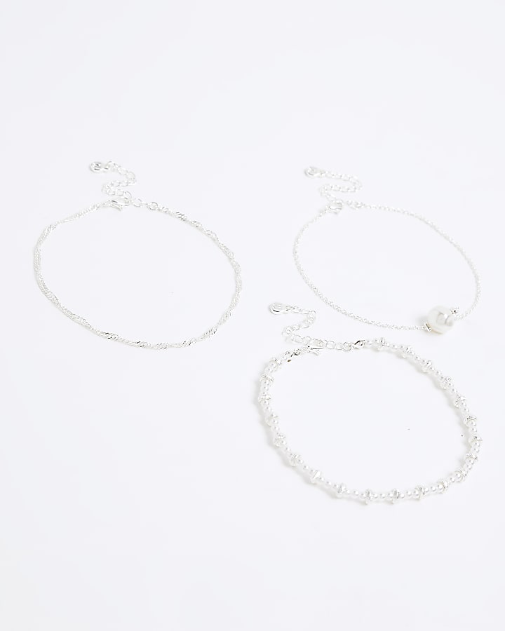 Silver pearl anklet multipack