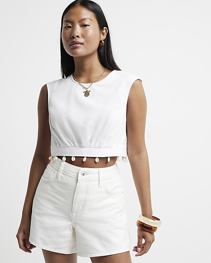 Petite White Shell Hem Crop Top