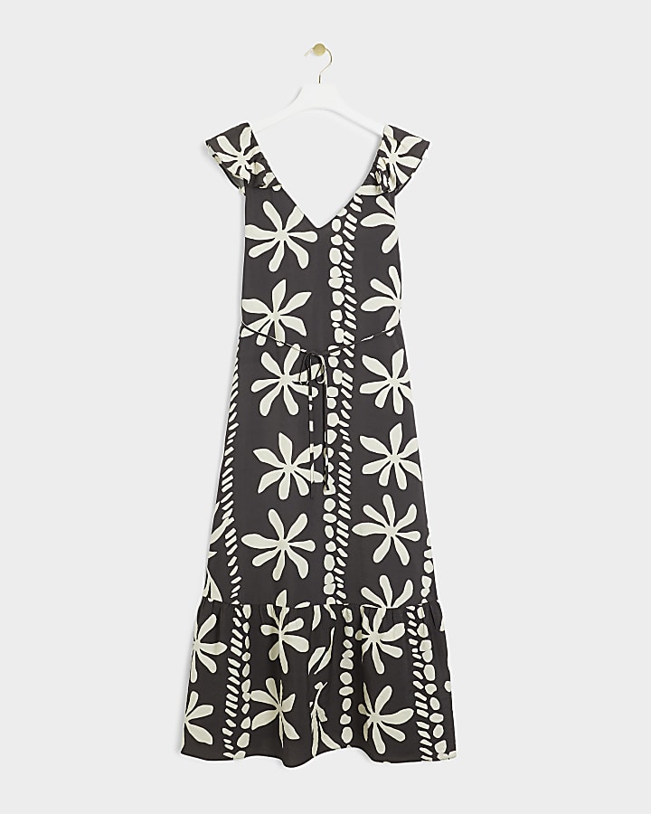 Petite Brown Floral Frill Swing Midi Dress