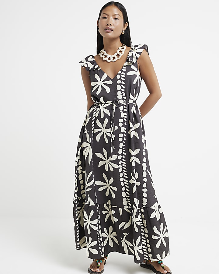 Petite Brown Floral Frill Swing Midi Dress