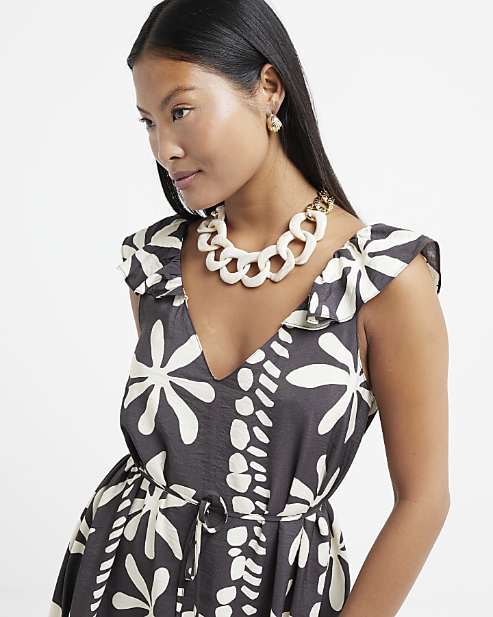 Petite Brown Floral Frill Swing Midi Dress