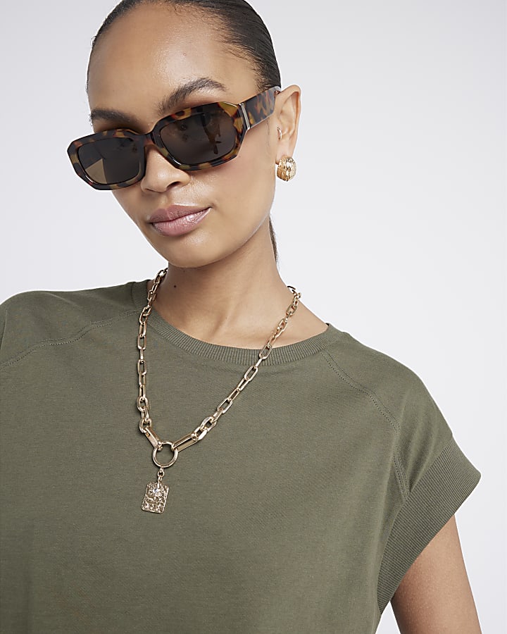 Khaki ribbed detail t-shirt