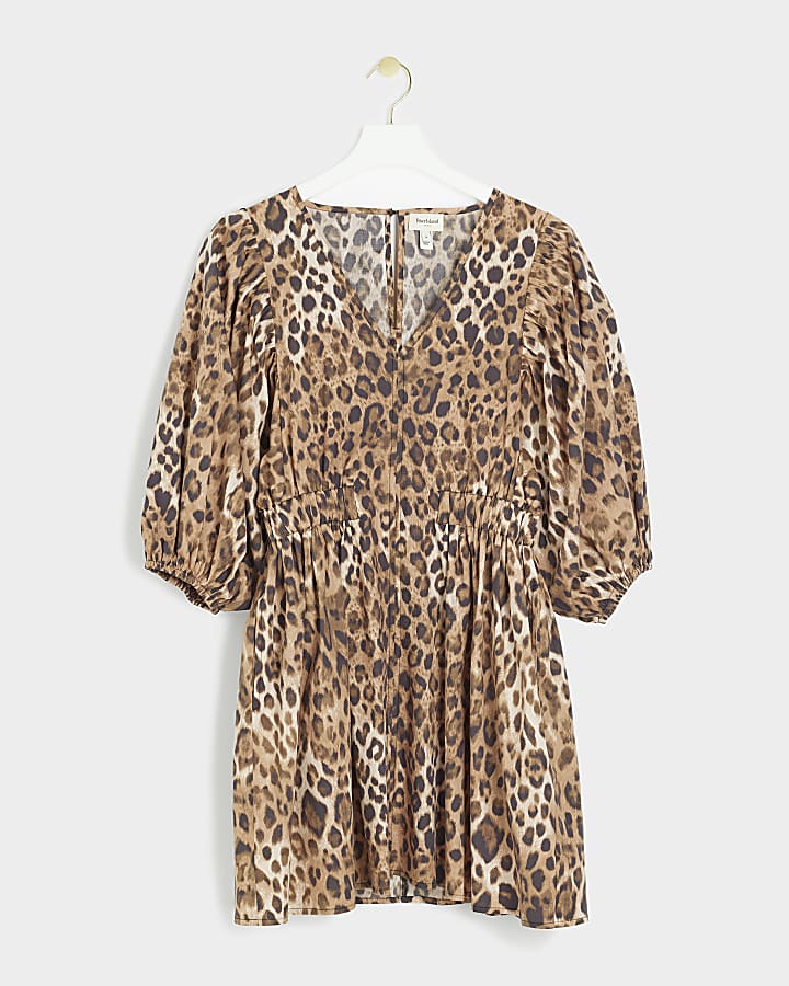 Brown leopard print smock mini dress