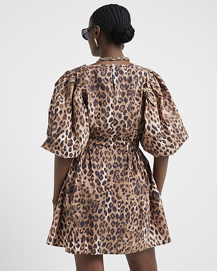 Brown leopard print smock mini dress