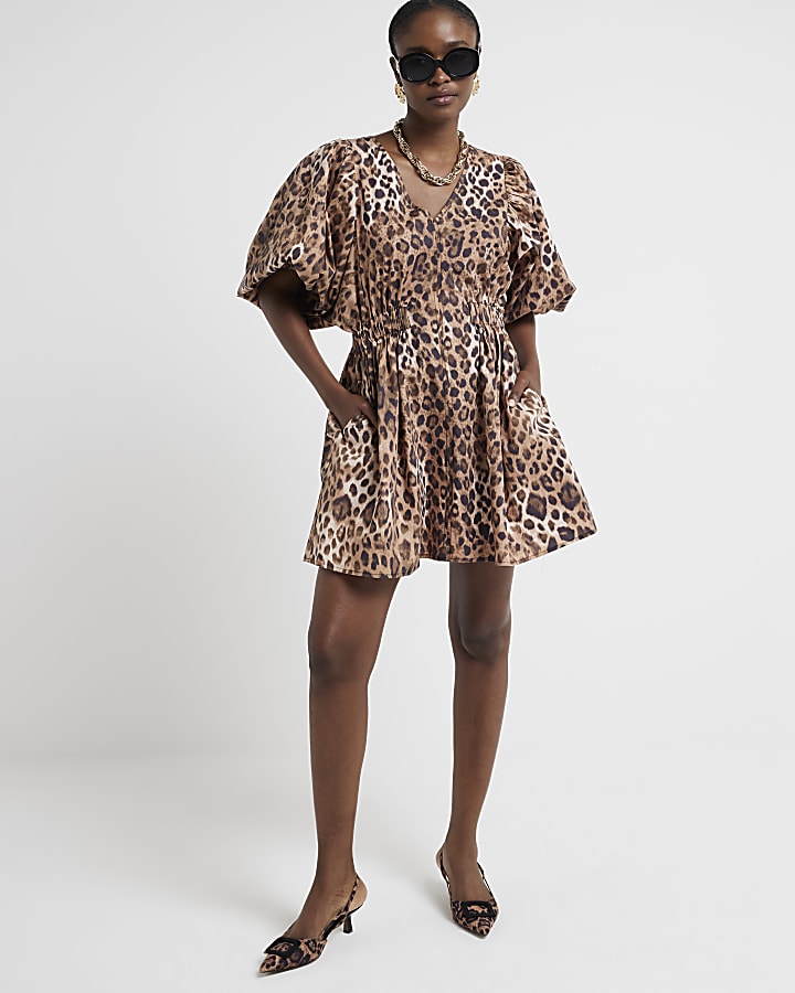 Brown leopard print smock mini dress