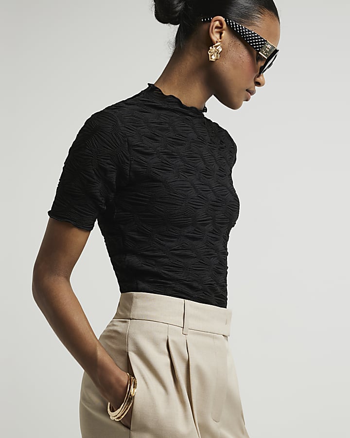 Black Textured Mesh Top