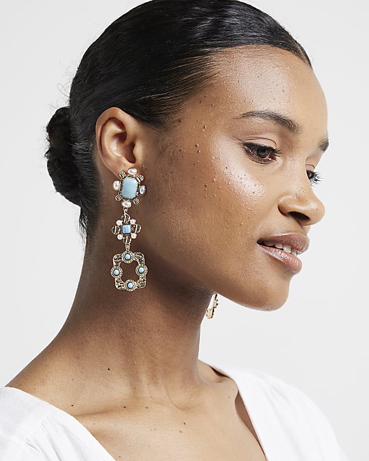 Blue stone and pearl drop earrings