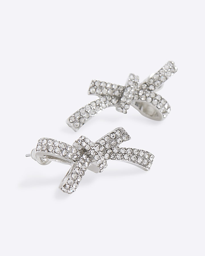 Silver Diamante Bow Stud Earrings