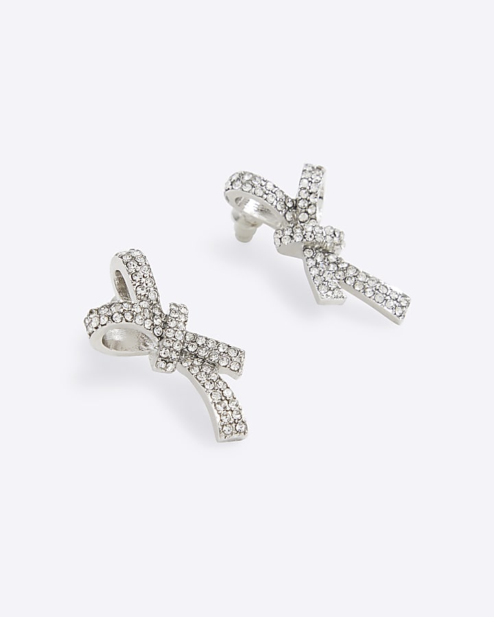 Silver Diamante Bow Stud Earrings